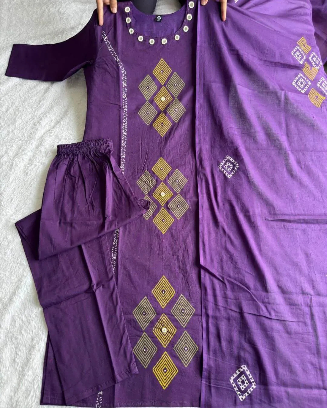 Printed Purple Cotton Kurta Pant Dupatta Set