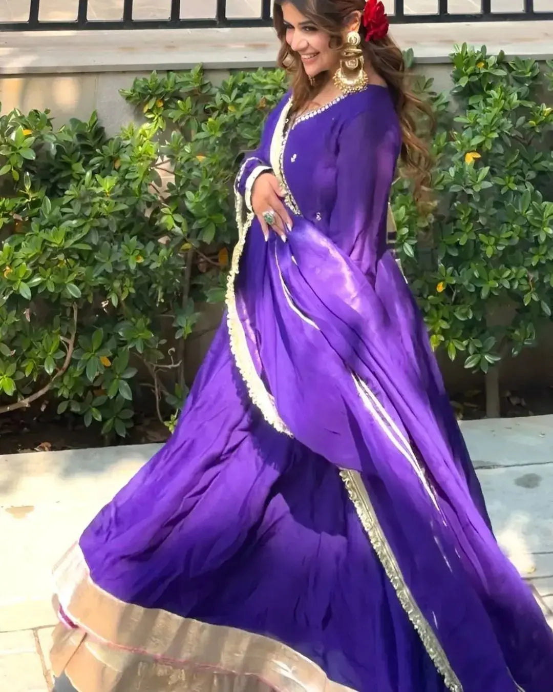 Rule the Night in Our Deep Purple Faux Blooming Gown Sharara Set