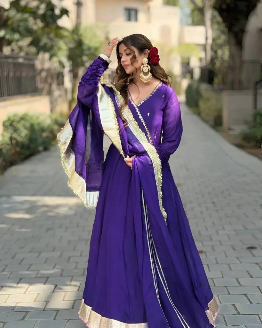 Rule the Night in Our Deep Purple Faux Blooming Gown Sharara Set