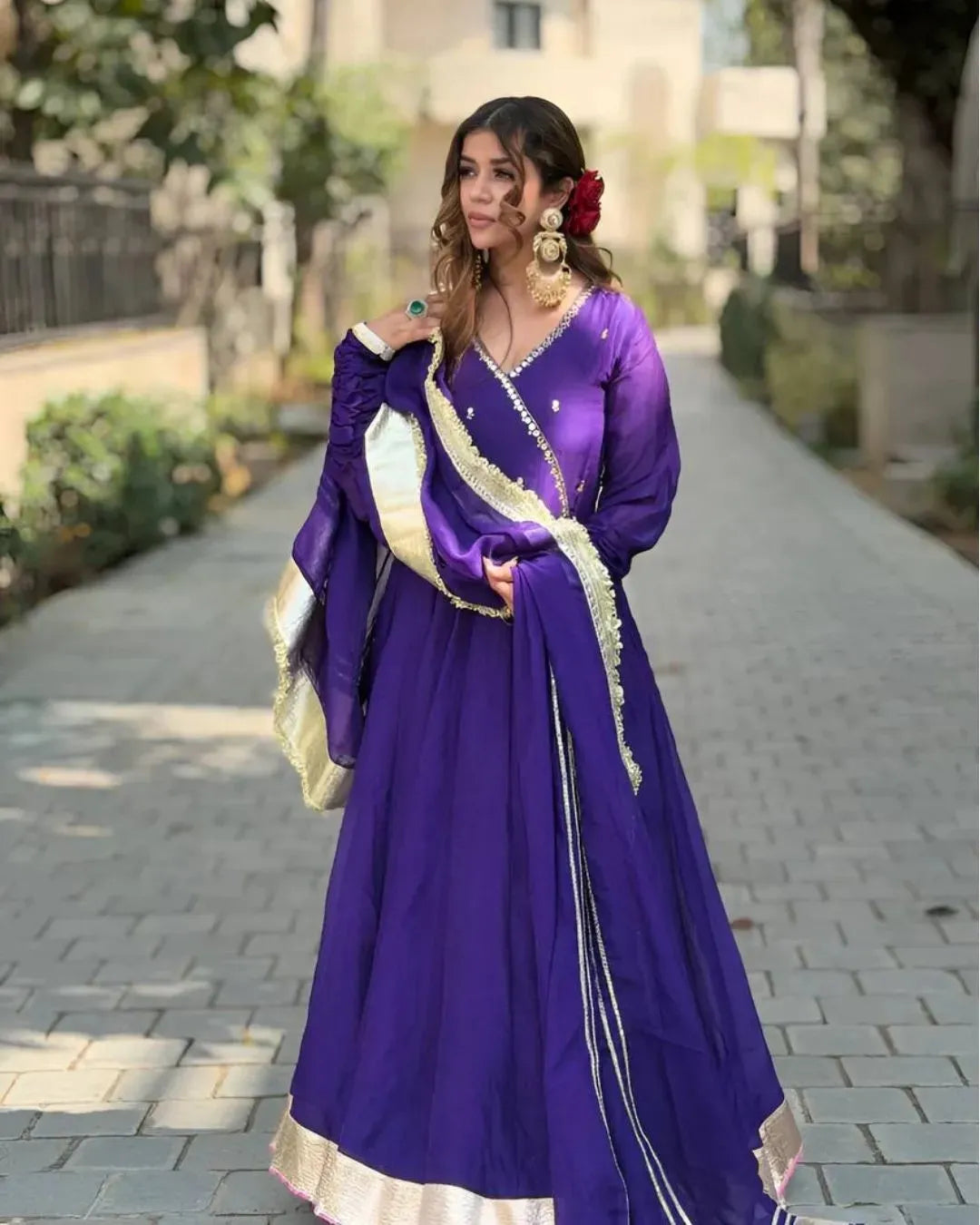 Rule the Night in Our Deep Purple Faux Blooming Gown Sharara Set