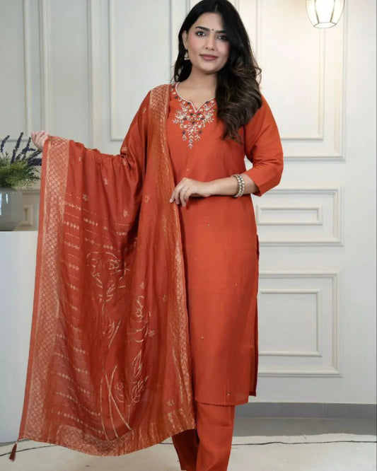 Handwork Party Wear Kurti Pant Dupatta Set