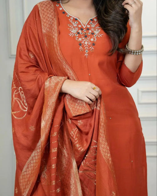 Handwork Party Wear Kurti Pant Dupatta Set