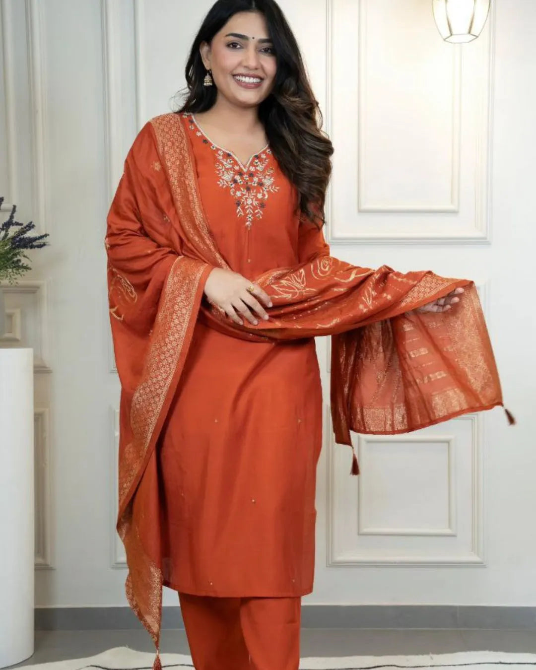 Handwork Party Wear Kurti Pant Dupatta Set