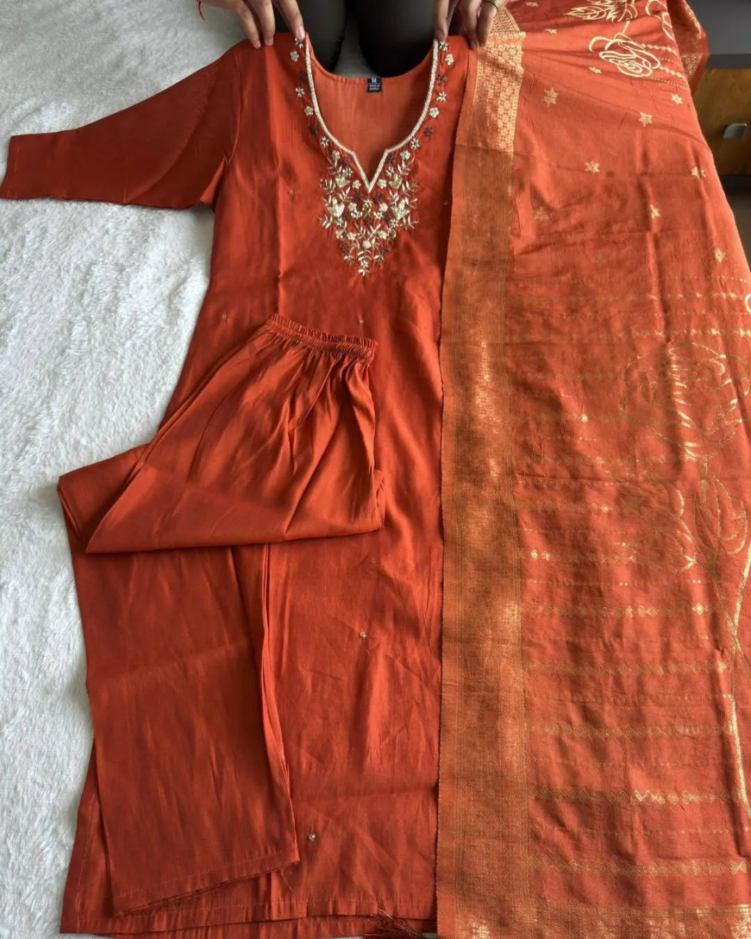 Handwork Party Wear Kurti Pant Dupatta Set