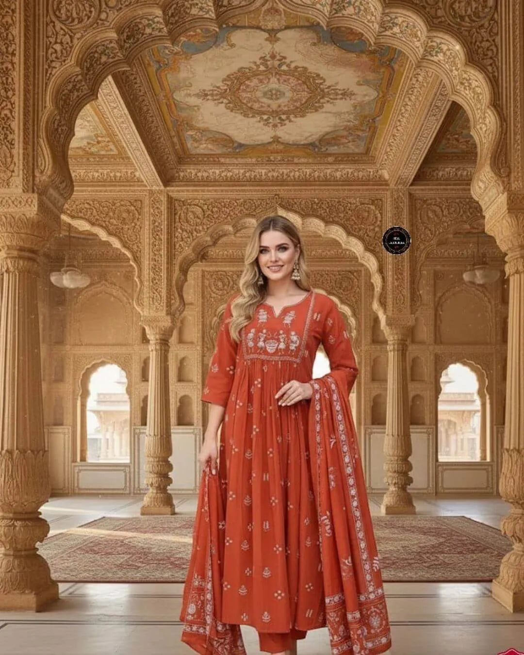 Orange Cotton Embroidered Anarkali Suit Set with Mal Dupatta