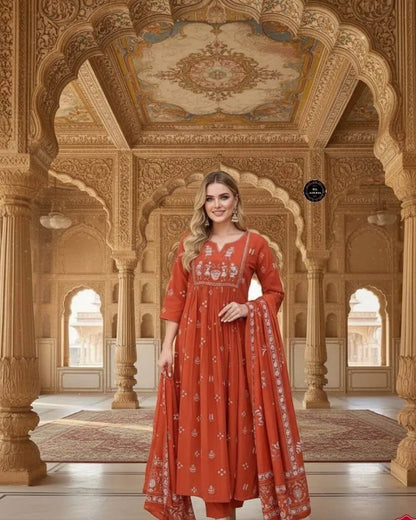 Orange Cotton Embroidered Anarkali Suit Set with Mal Dupatta