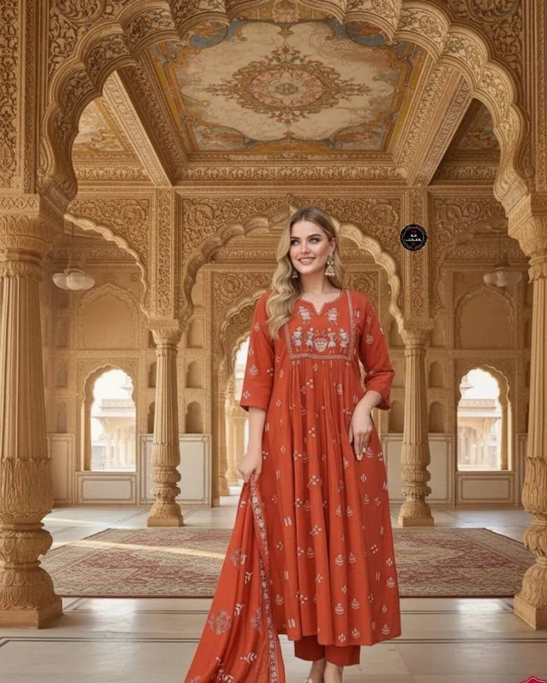 Orange Cotton Embroidered Anarkali Suit Set with Mal Dupatta