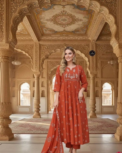 Orange Cotton Embroidered Anarkali Suit Set with Mal Dupatta
