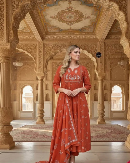 Orange Cotton Embroidered Anarkali Suit Set with Mal Dupatta
