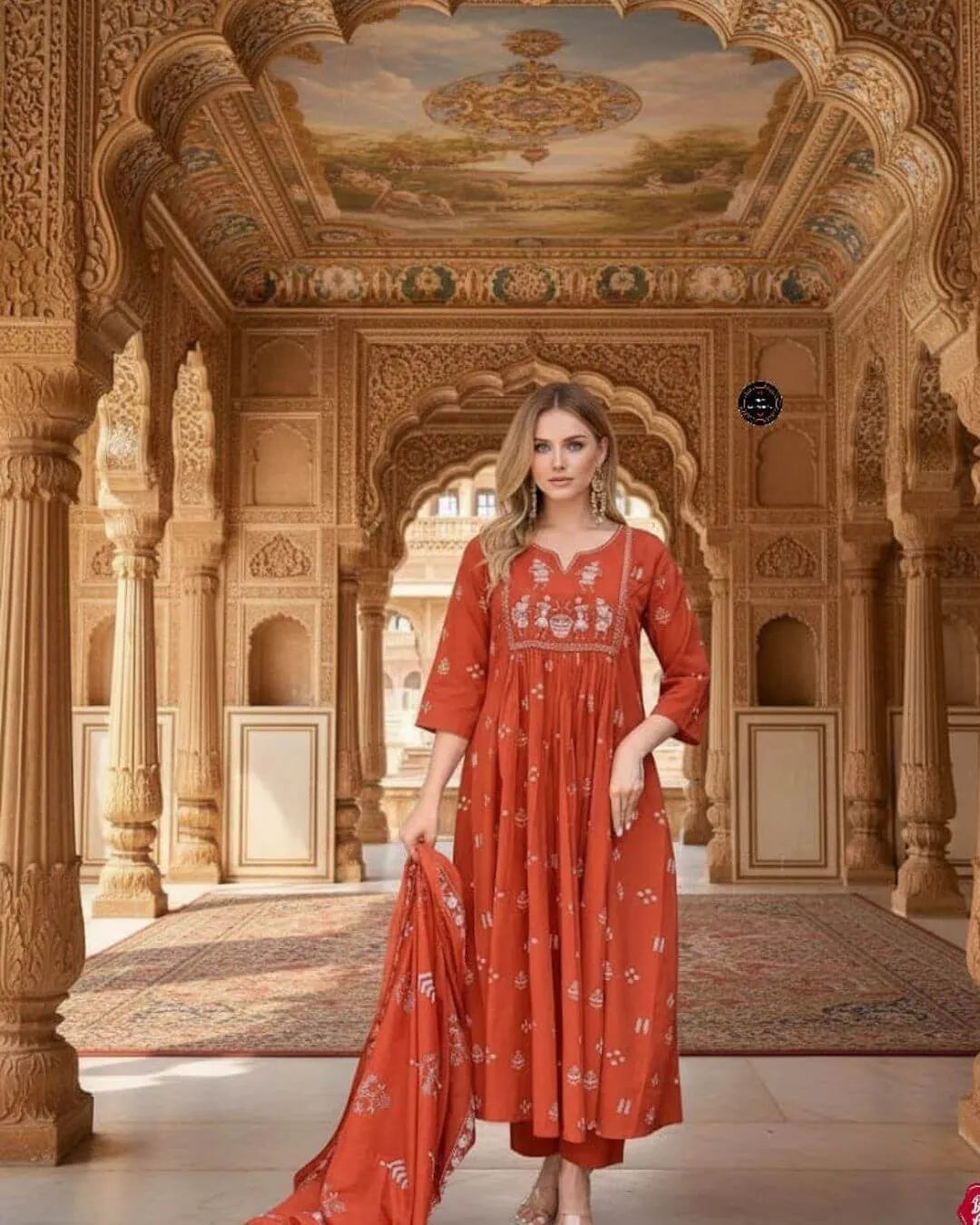 Orange Cotton Embroidered Anarkali Suit Set with Mal Dupatta