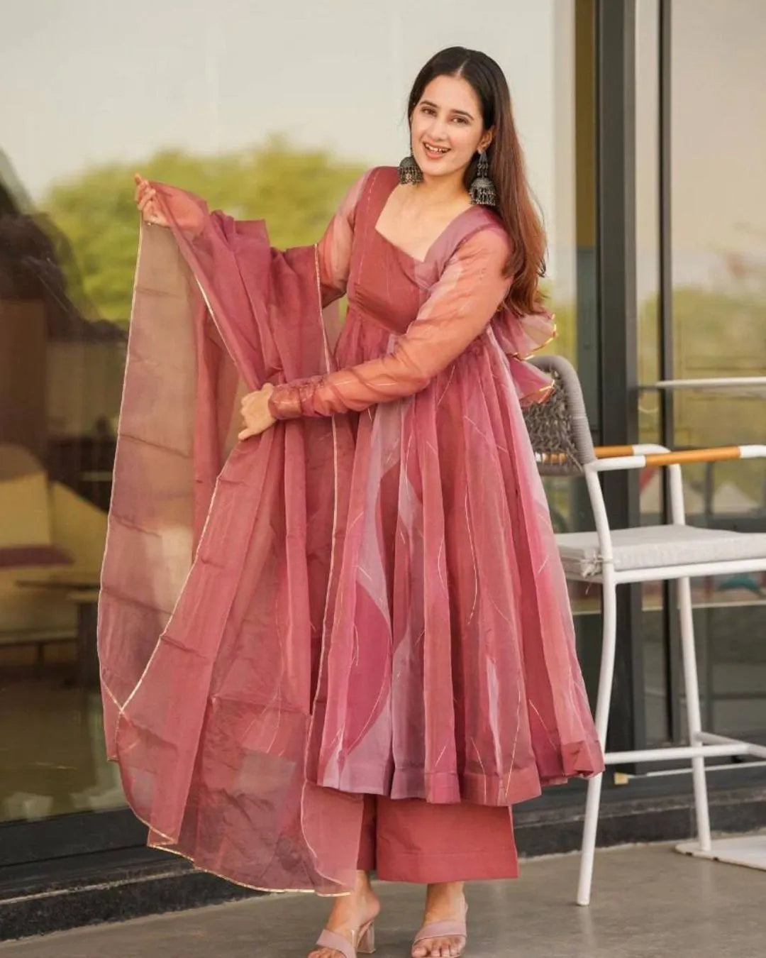 Organza Anarkali Suit Dress with Heavy Embroidery, Palazzo Pants & Dup – Pehrayat