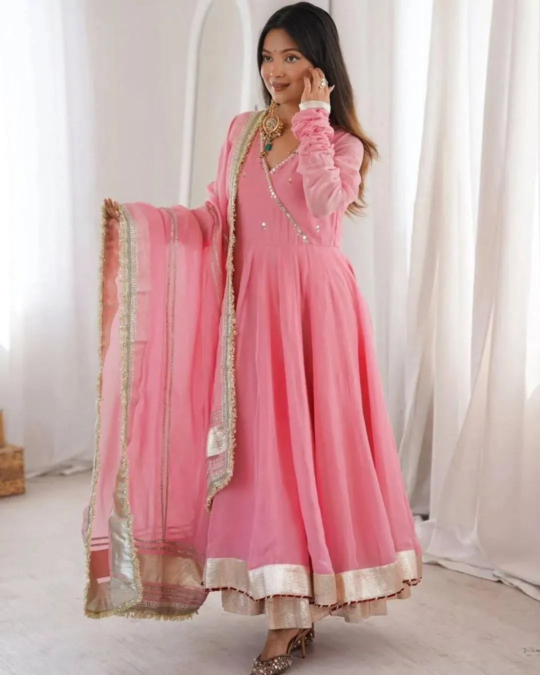 Soft Pink Organza Silk Anarkali  Set