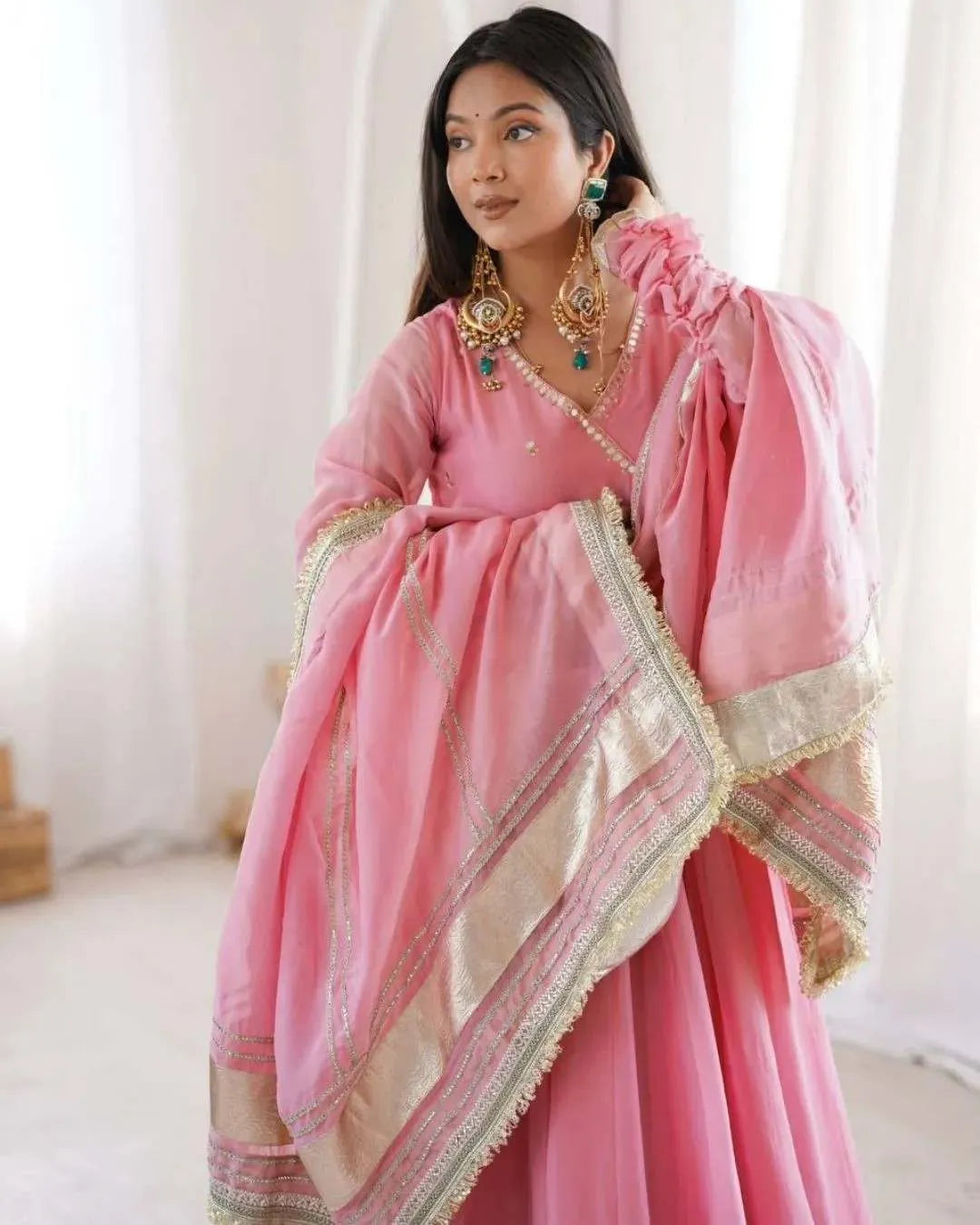 Soft Pink Organza Silk Anarkali  Set