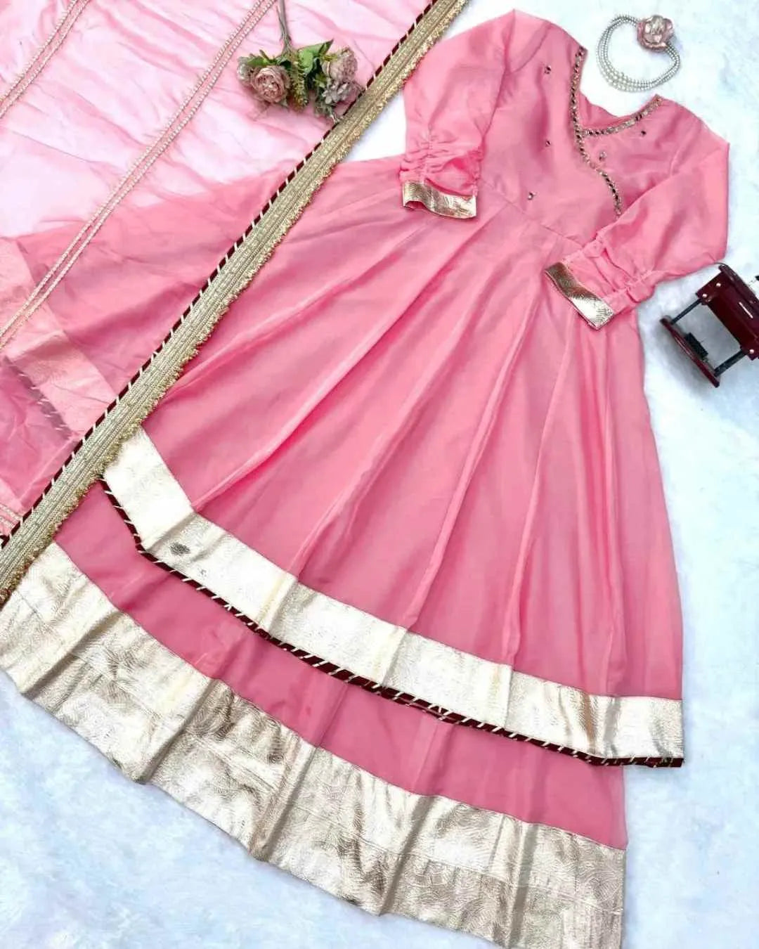 Soft Pink Organza Silk Anarkali  Set