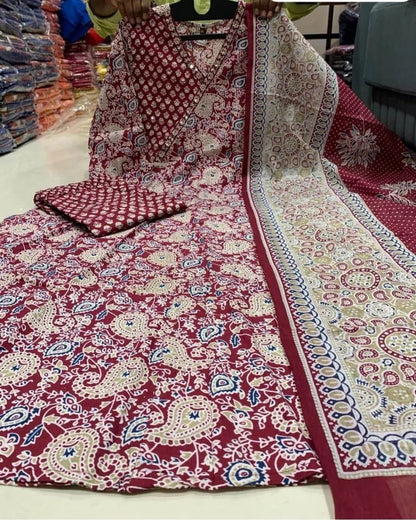 Floral Cotton Dress Suit Set With Dupatta