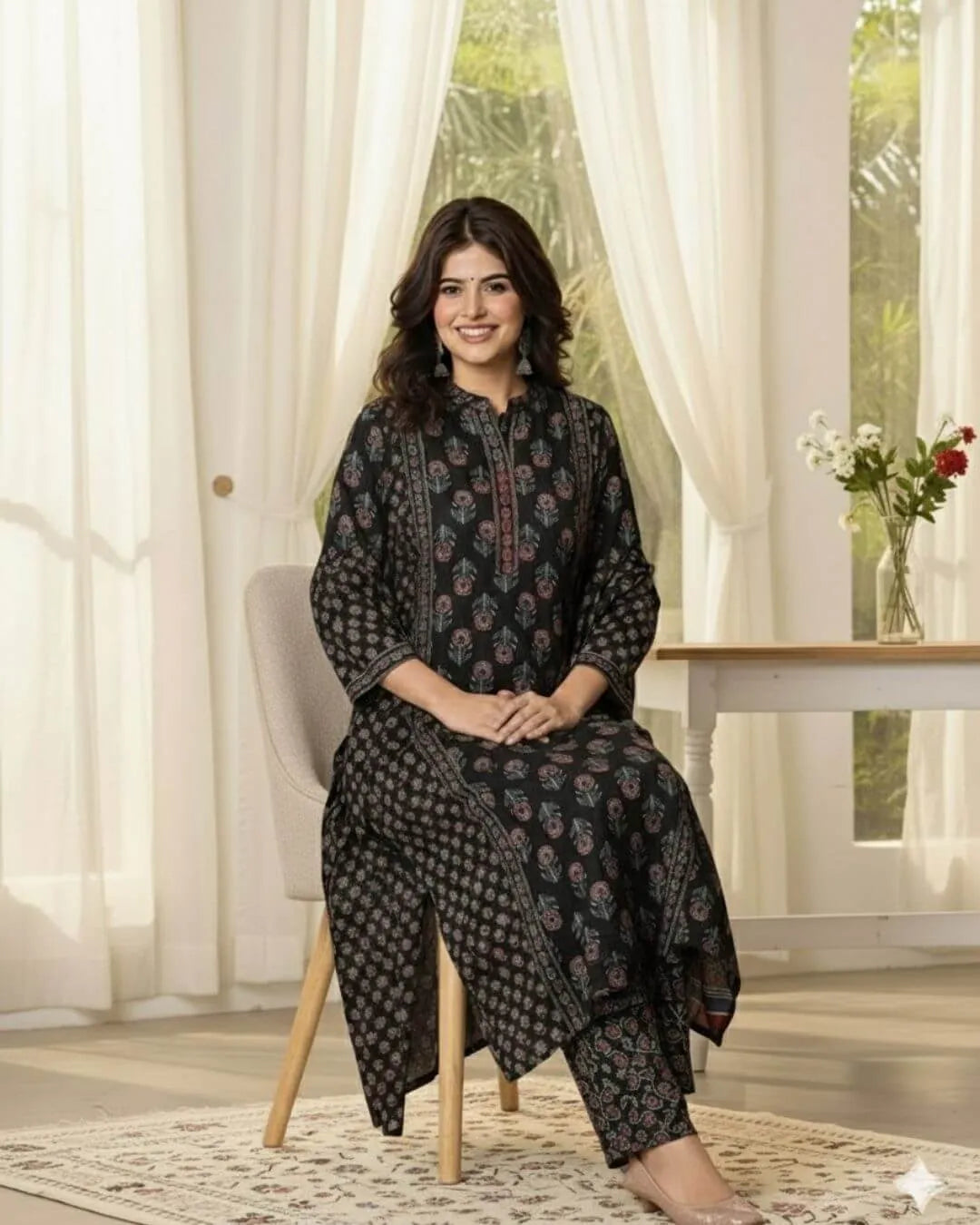 Woman wearing a black Anarkali kurti pant dupatta set standing in a bright room
