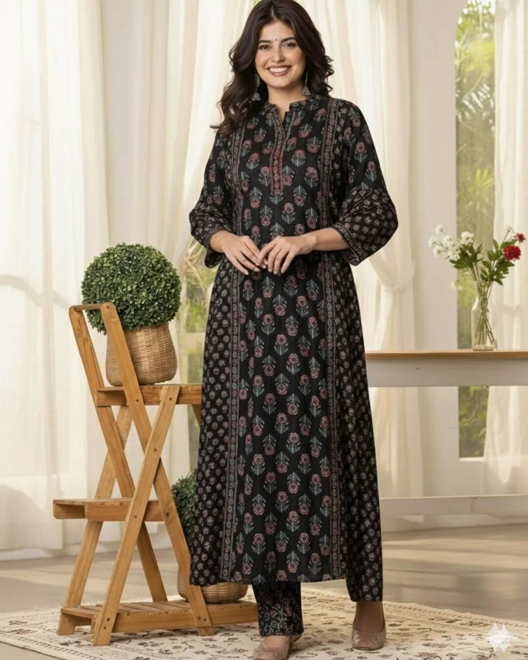 Woman wearing a black Anarkali kurti pant dupatta set standing in a bright room
