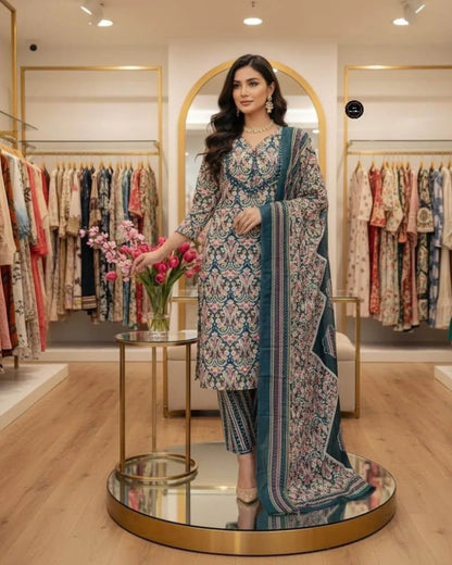 Blue Floral Cotton Embroidered Suit Set