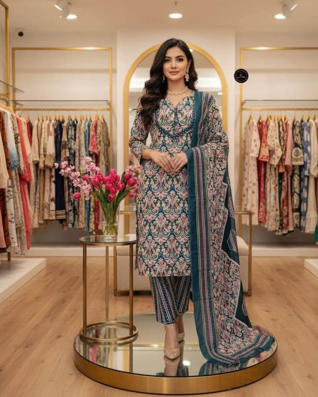 Blue Floral Cotton Embroidered Suit Set