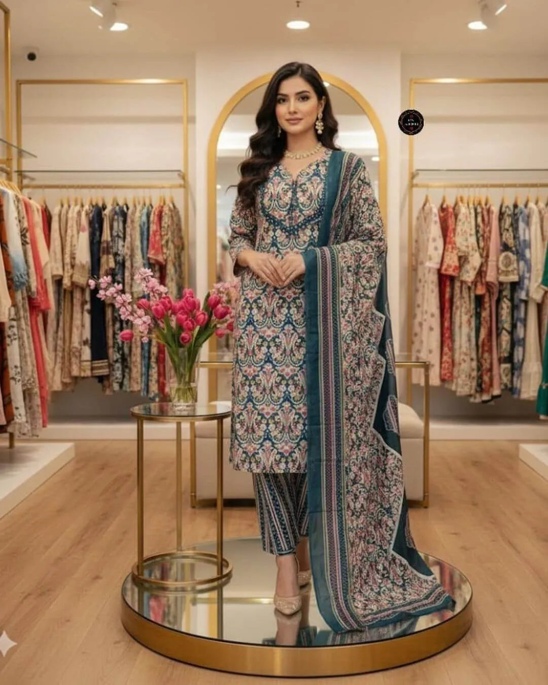 Blue Floral Cotton Embroidered Suit Set