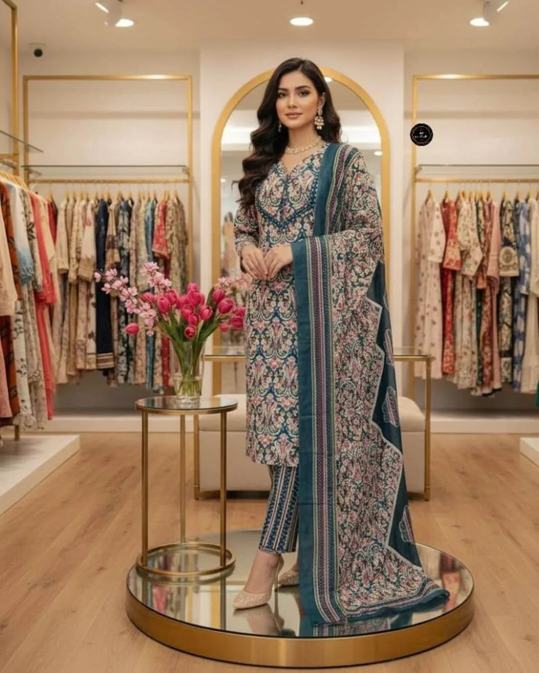 Blue Floral Cotton Embroidered Suit Set