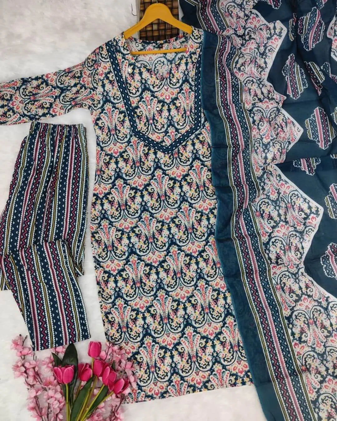 Blue Floral Cotton Embroidered Suit Set