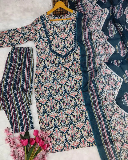 Blue Floral Cotton Embroidered Suit Set