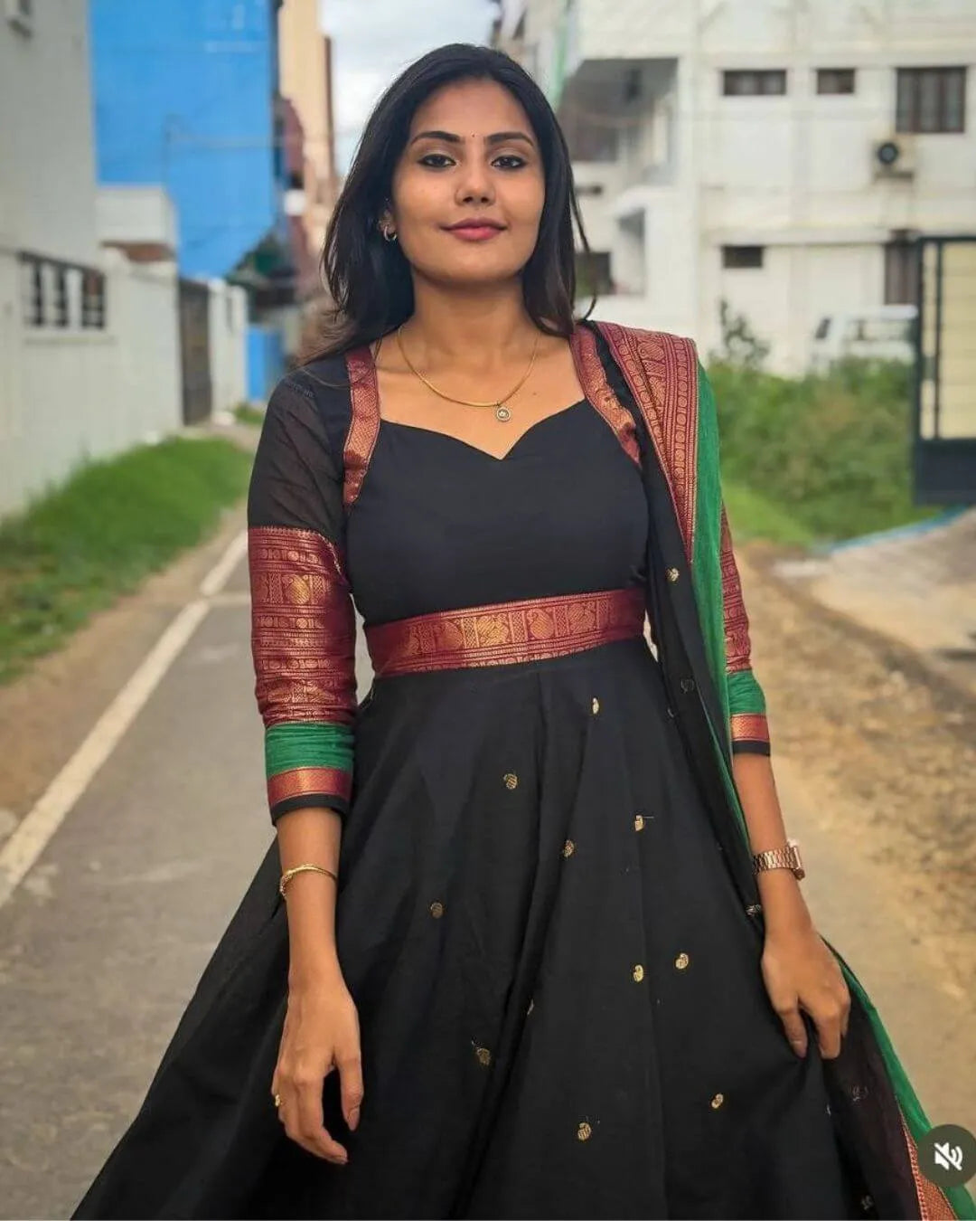 Black Anarkali Kurti Pant Dupatta Set Front