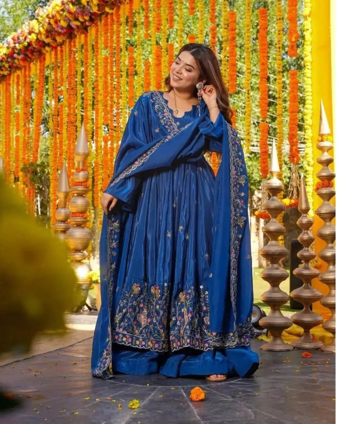 Silk Blue Anarkali Kurti Pant With Dupatta