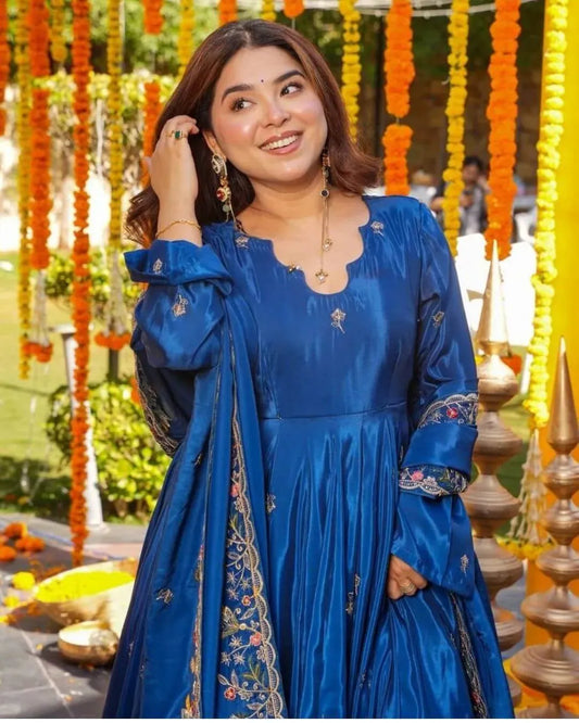 Silk Blue Anarkali Kurti Pant With Dupatta