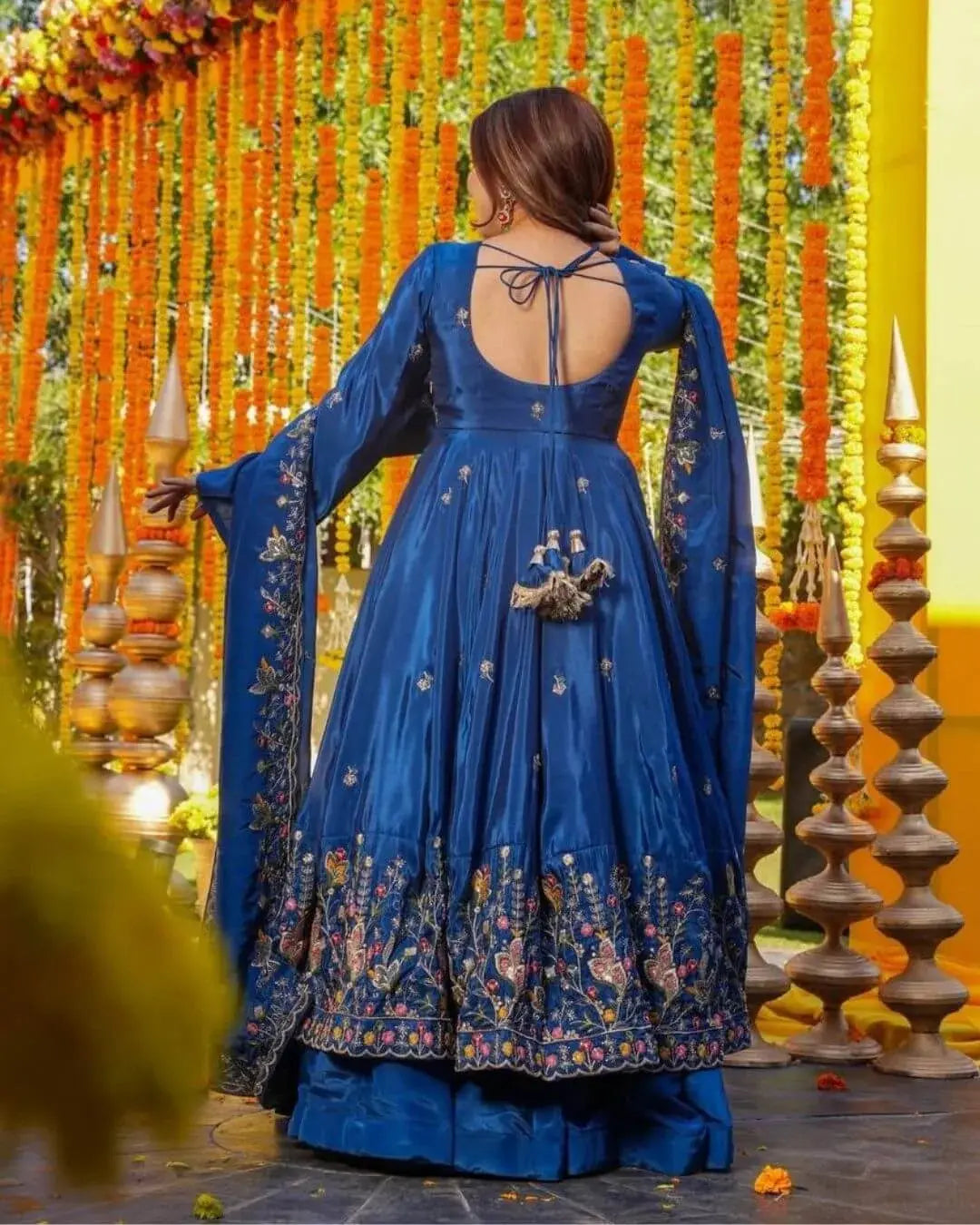 Silk Blue Anarkali Kurti Pant With Dupatta