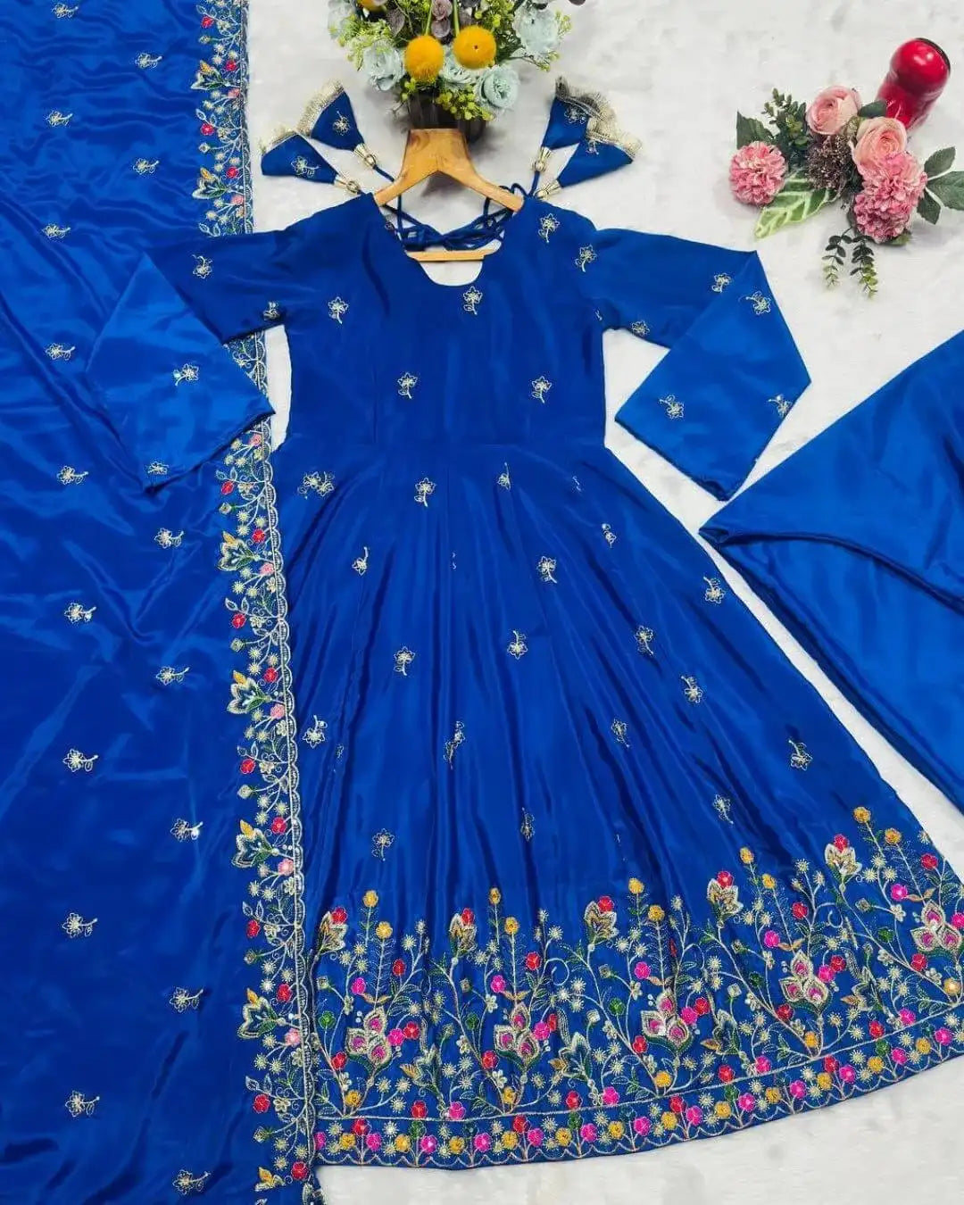 Silk Blue Anarkali Kurti Pant With Dupatta