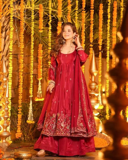 Silk Red Anarkali Kurti Pant With Dupatta