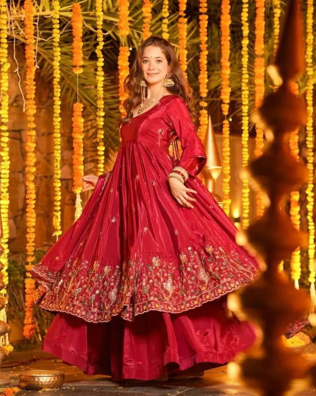 Silk Red Anarkali Kurti Pant With Dupatta