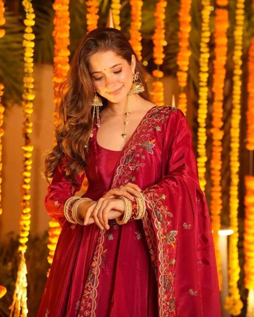 Silk Red Anarkali Kurti Pant With Dupatta