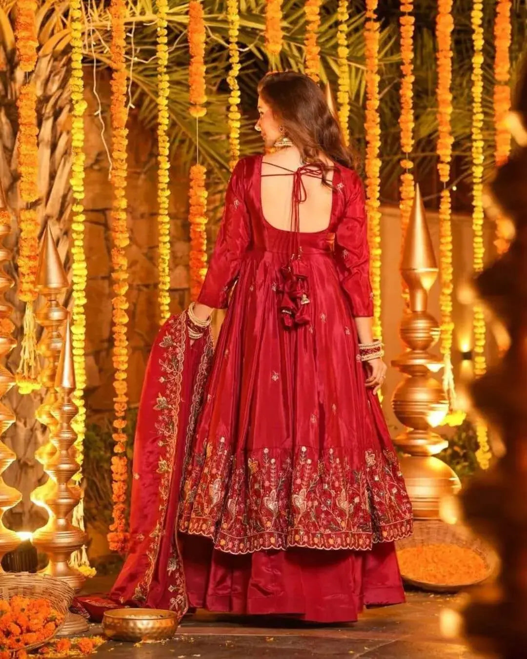 Silk Red Anarkali Kurti Pant With Dupatta