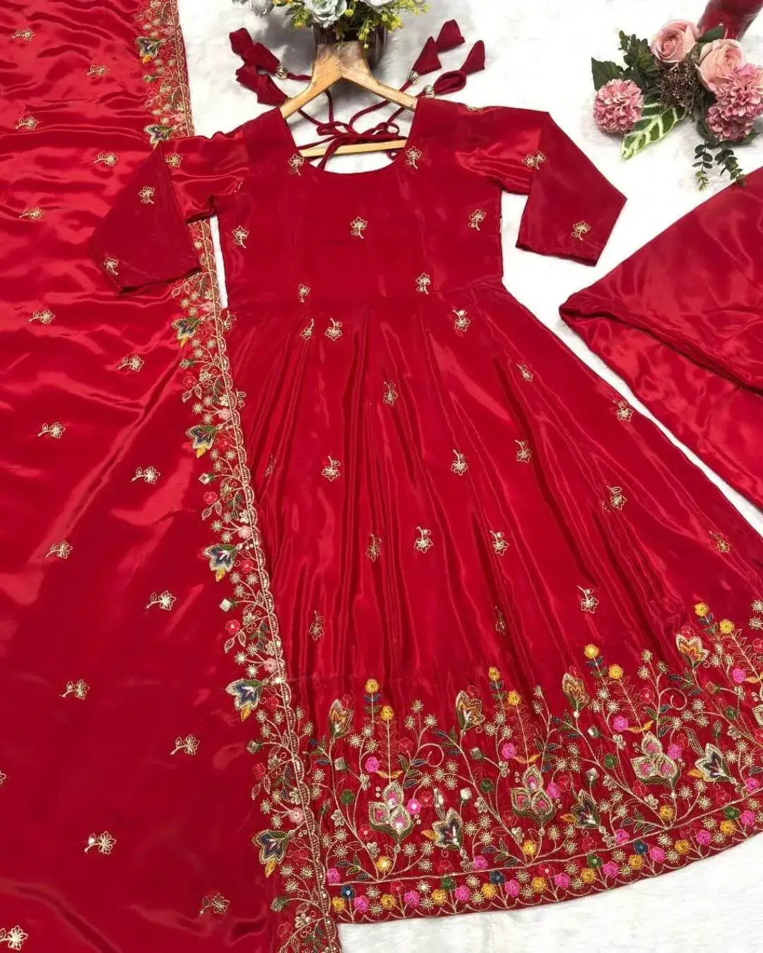Silk Red Anarkali Kurti Pant With Dupatta