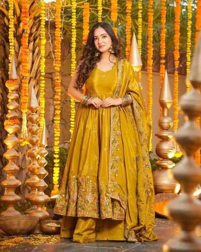 Silk Yellow Anarkali Kurti Pant With Dupatta