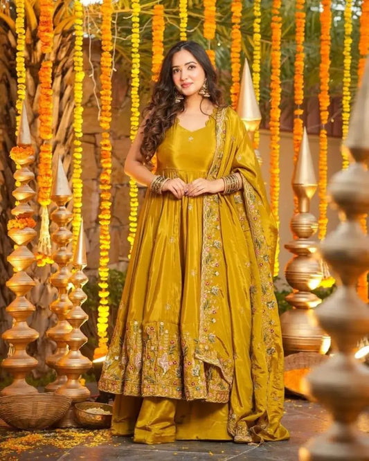 Silk Yellow Anarkali Kurti Pant With Dupatta