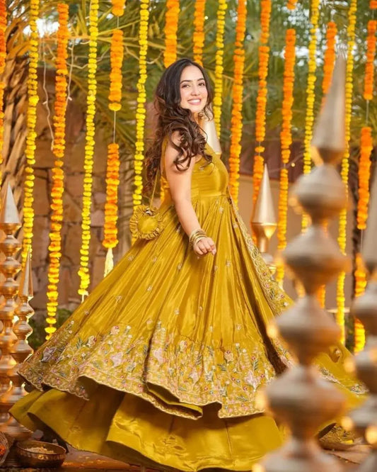 Silk Yellow Anarkali Kurti Pant With Dupatta