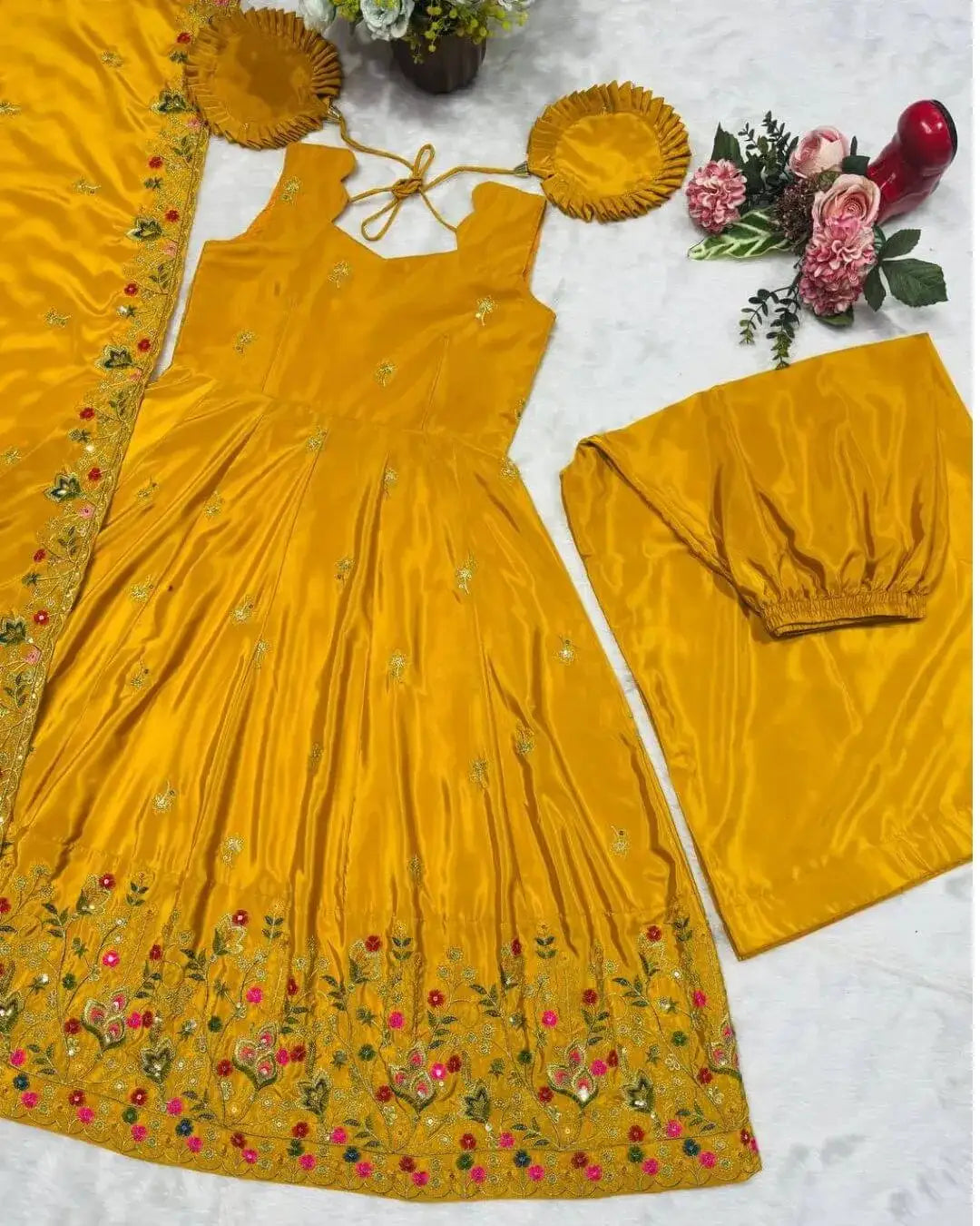 Silk Yellow Anarkali Kurti Pant With Dupatta