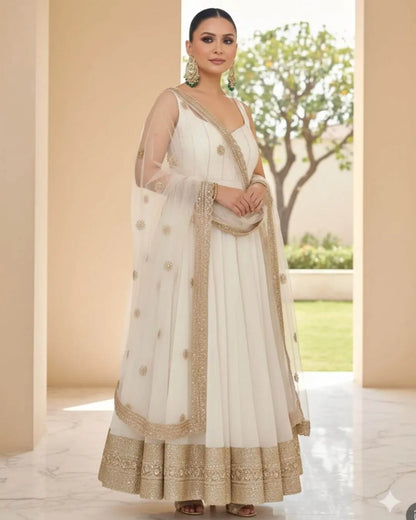 Ivory Embroidered Anarkali Gown with Net Dupatta
