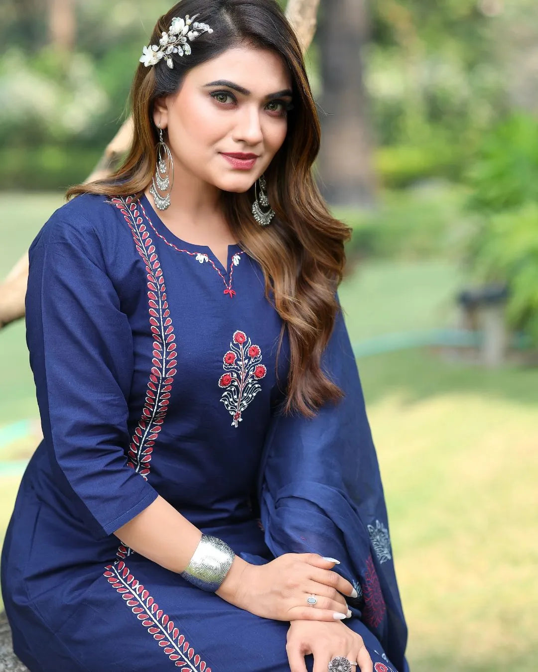 Navy Blue Mirror Work Cotton Kurta Pant Dupatta Set