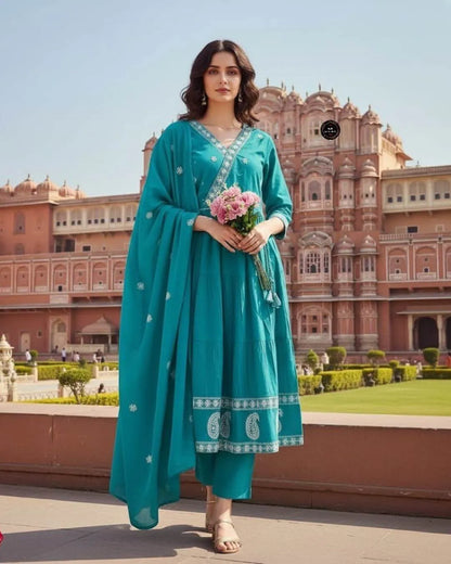 Teal Cotton Embroidered Flared Kurti Suit Set