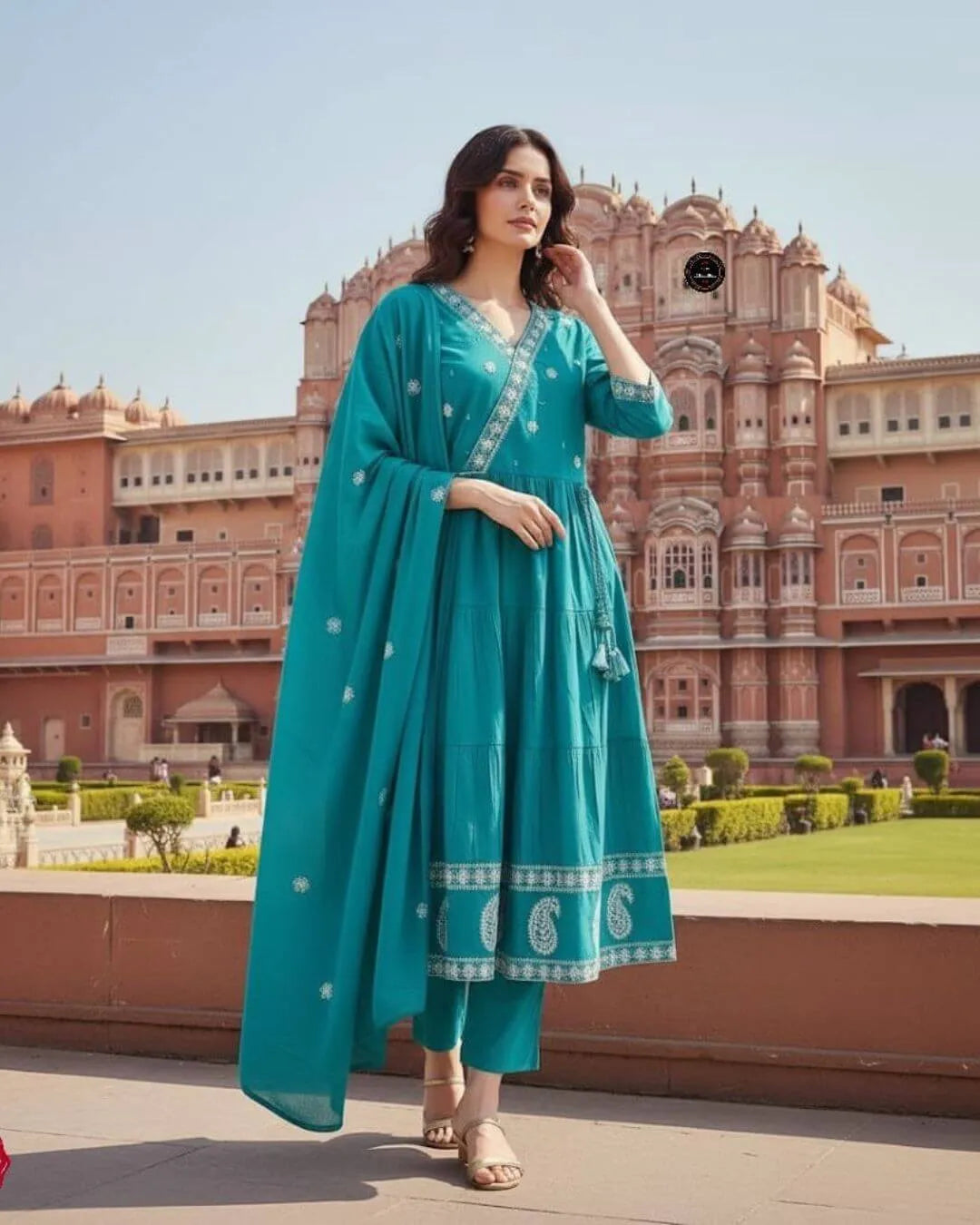 Teal Cotton Embroidered Flared Kurti Suit Set