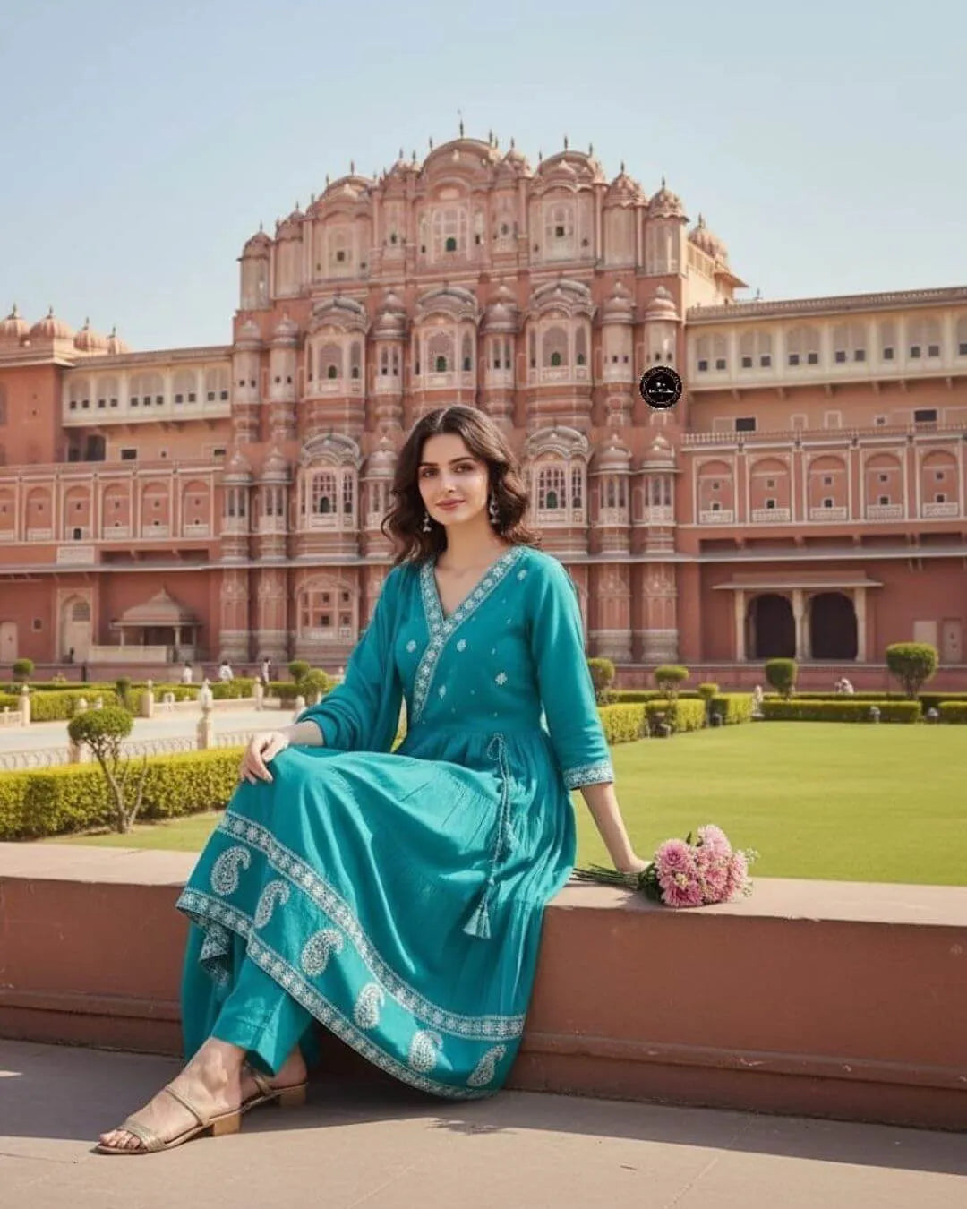 Teal Cotton Embroidered Flared Kurti Suit Set