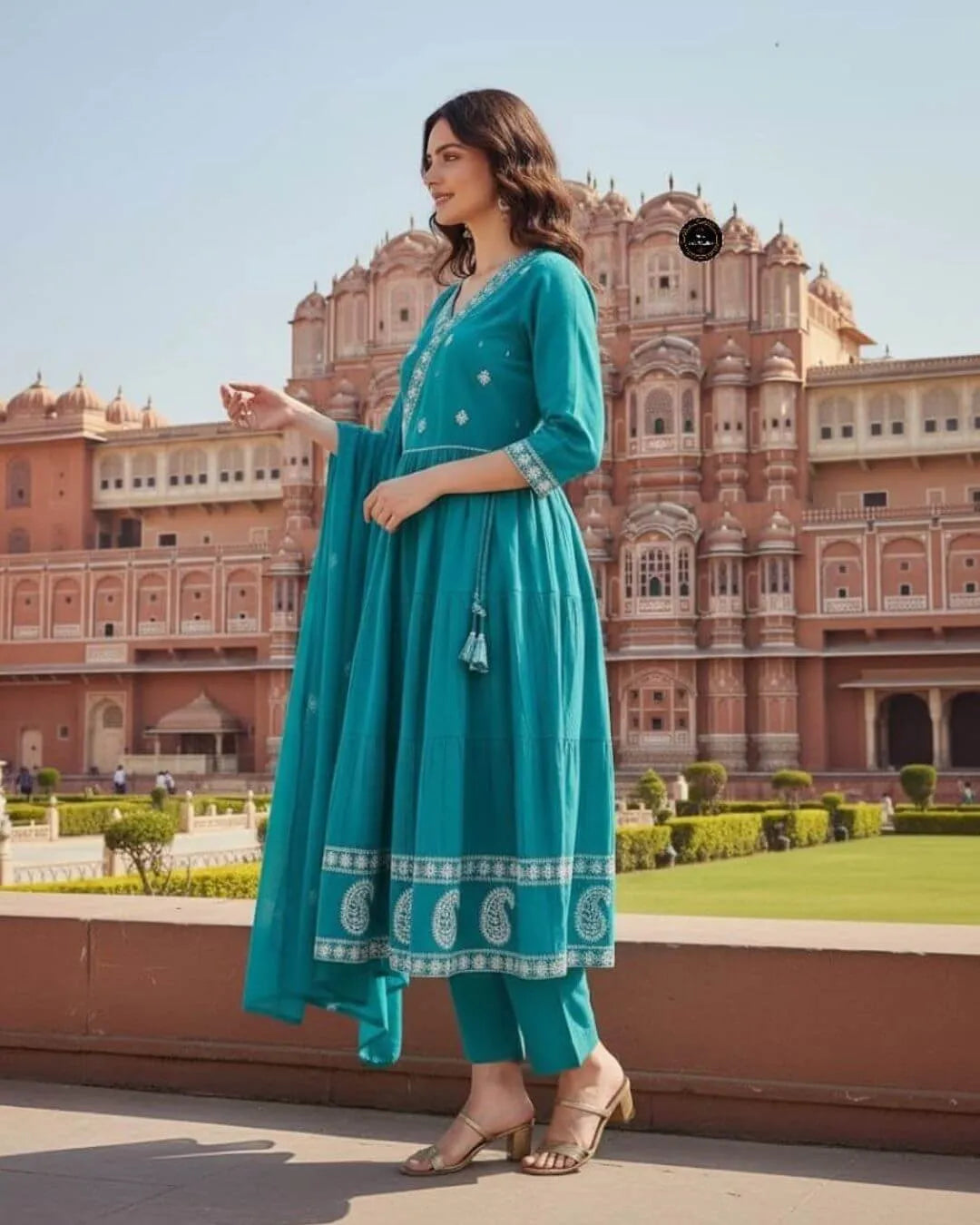 Teal Cotton Embroidered Flared Kurti Suit Set