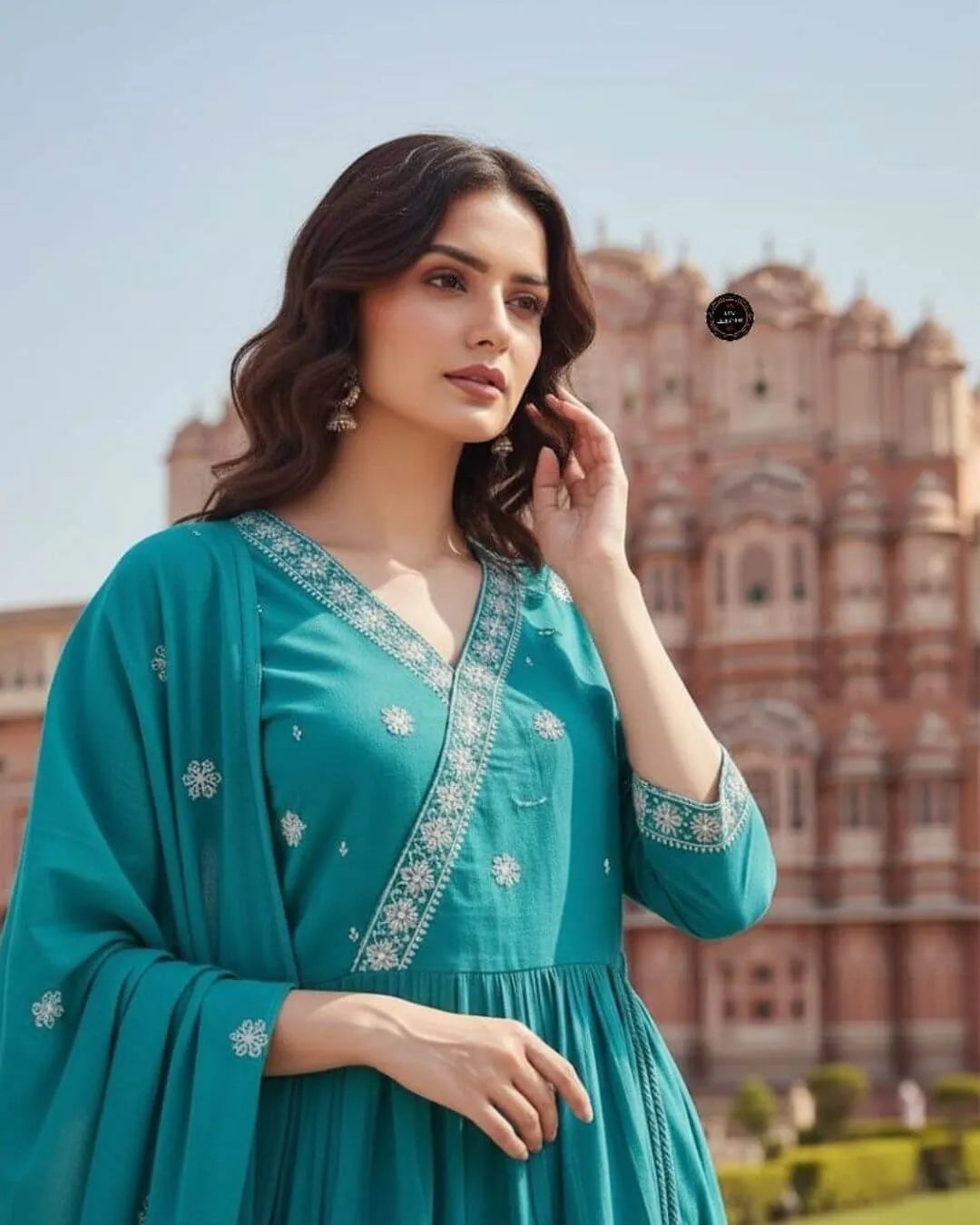 Teal Cotton Embroidered Flared Kurti Suit Set