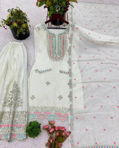White Sharara Dress Embroidered With Dupatta Set 