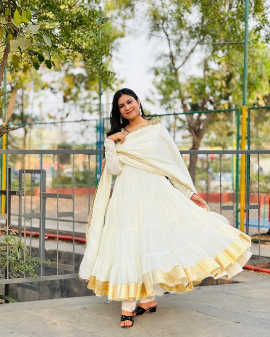 White Colour Long Anarkali Dress Suit Set